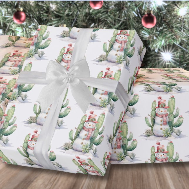 Papel De Presente Boneco de Neve de Cacto Natal (Cactus Snowman Christmas Wrapping Paper)