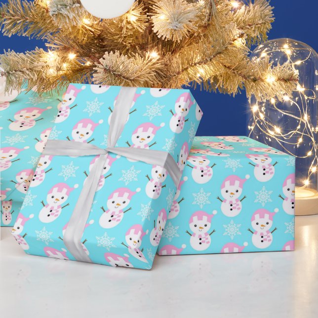 Papel De Presente Boneco de Neve de Natal Azul Bebê, Rosa e Branco (Feriados)