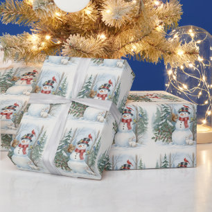 Papel De Presente Boneco de Neve de Natal com Animais da Floresta e 