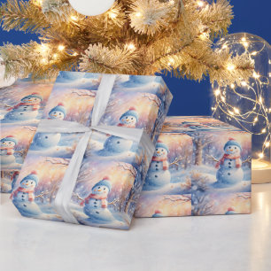 Papel De Presente Boneco de Neve em Aquarela em um Inverno Mágico