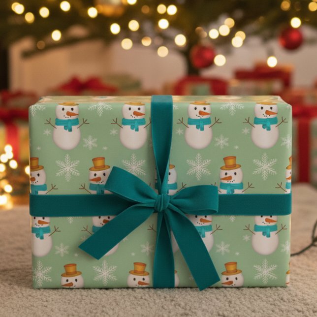 Papel De Presente Boneco de Neve em Verde Hortelã (Fun little hand drawn snowmen just waiting to be picked for that special gift you have planned.)