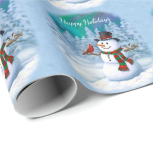 Papel De Presente Boneco de Neve Feliz Natal & Pássaros Cena de Inve