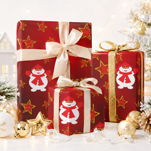 Papel De Presente Boneco de Neve Fofo Estrelas Douradas e Vermelhas
