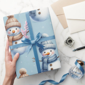 Papel De Presente Boneco de Neve Fofo Fundo Azul Natalino