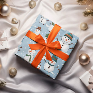 Papel De Presente Boneco de Neve Fofo Natal Padrão Azul Feriado