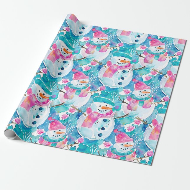 Papel De Presente Boneco de neve fofo padrão de aquarela turquesa (Desenrolado)