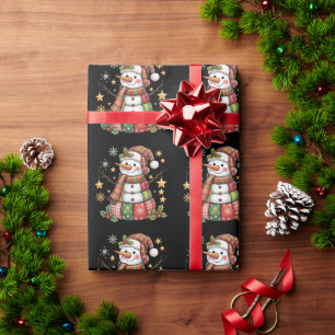 Papel De Presente Boneco de Neve Retrô em Patchwork Merry Christmas