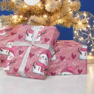 Papel De Presente Boneco de Neve Rosa Fofo com Corações Nome Persona