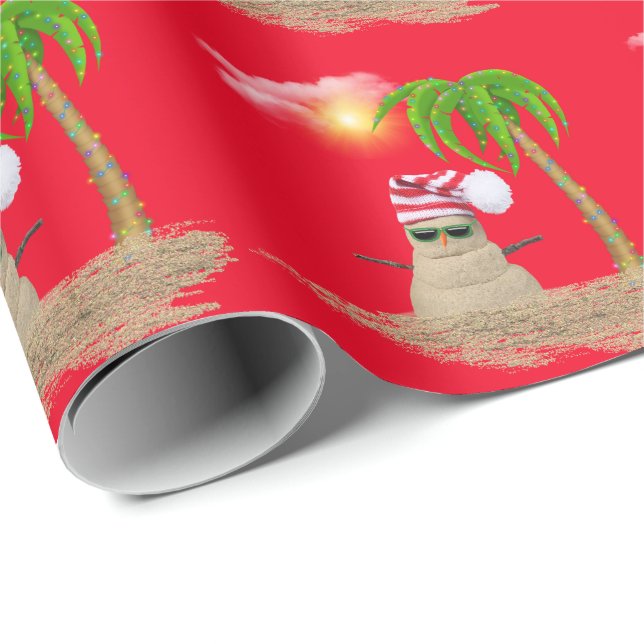 Papel De Presente boneco de neve tropical com palmeira (Ponta do rolo)