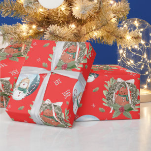 Papel De Presente Bonecos de Neve, Aro Festivo de Natal Vermelho 