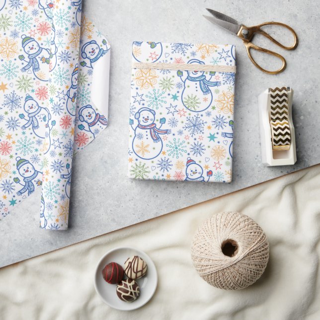 Papel De Presente Bonecos de Neve Azuis Felizes (Artesanato)