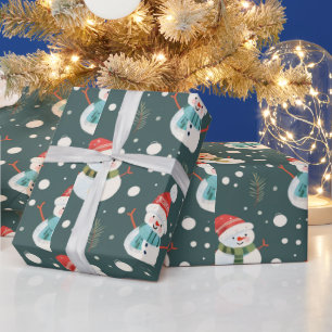 Papel De Presente Bonecos de Neve Bonitos Vegetação Neve Verde Natal