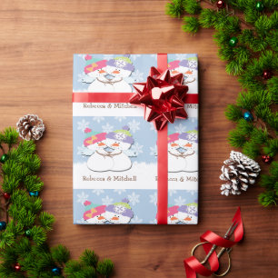 Papel De Presente Bonecos de Neve de Natal com Fundo de Flocos de Ne