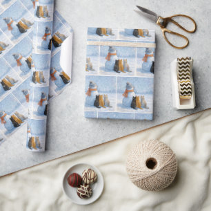 Papel De Presente Bonecos de Neve e Gatos em um Campo Nevado