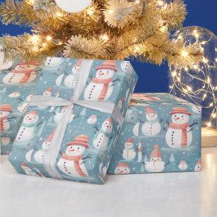 Papel De Presente Bonecos de Neve Flocos de Neve Azul Natal Moderno