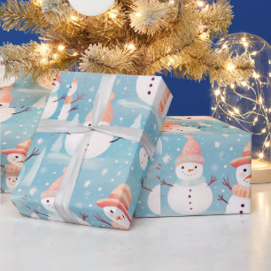 Papel De Presente Bonecos de Neve Flocos de Neve Azul Natal Moderno