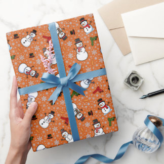 Papel De Presente Bonecos de Neve & Flocos de Neve em Laranja Escuro