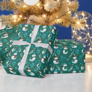 Papel De Presente Bonecos de Neve Fofos Vegetação Verde Natal