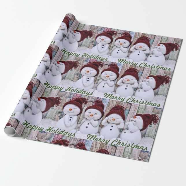 Papel De Presente Bonecos de Neve Lindos Férias Felizes Natal Feliz  (Desenrolado)