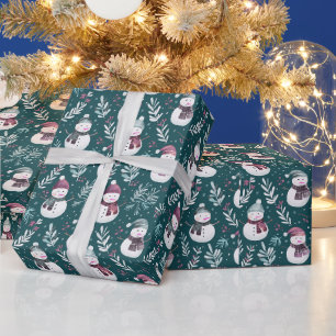 Papel De Presente Bonecos de Neve Lindos Vegetação Verde Natal
