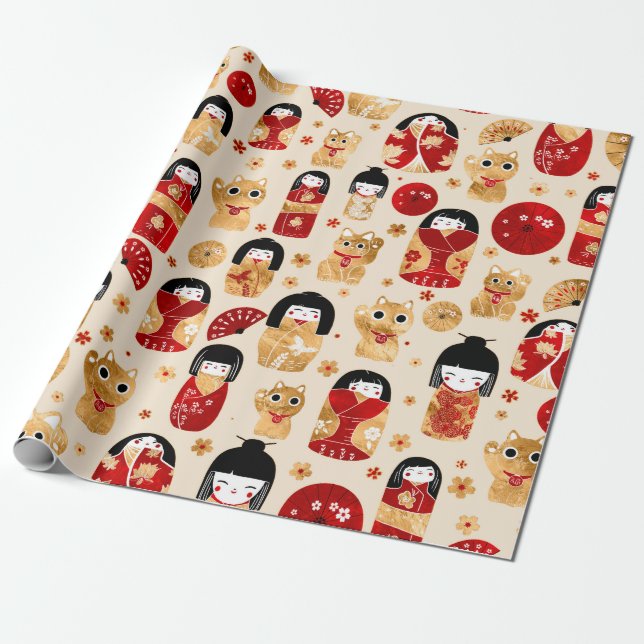Papel De Presente Bonecos Japoneses - Gatos Kokeshi e Maneki Neko (Desenrolado)