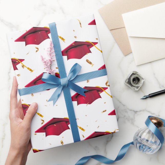 Papel De Presente Bonés de formatura vermelhos e Confetti Dourado (Presentear)