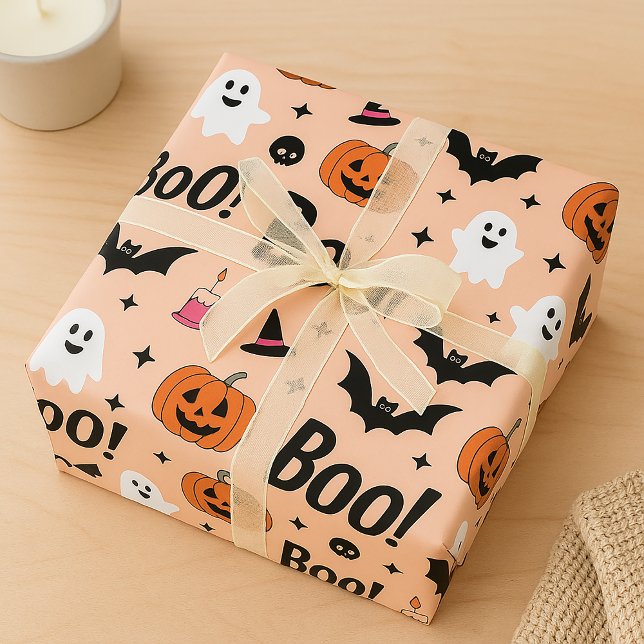 Papel De Presente Bonita "Boo"! Halloween Fantasmas e Pumpkins (Criador carregado)