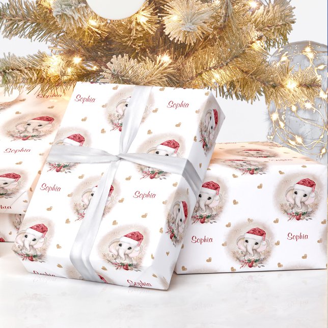 Papel De Presente Bonita Elefante Menina de Natal Nome (Cute Elephant Girl Christmas Wrapping Paper Name)