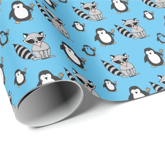 Papel De Presente Bonita Penguin Racoon Buddies Baby Gift Blue (Ponta do rolo)