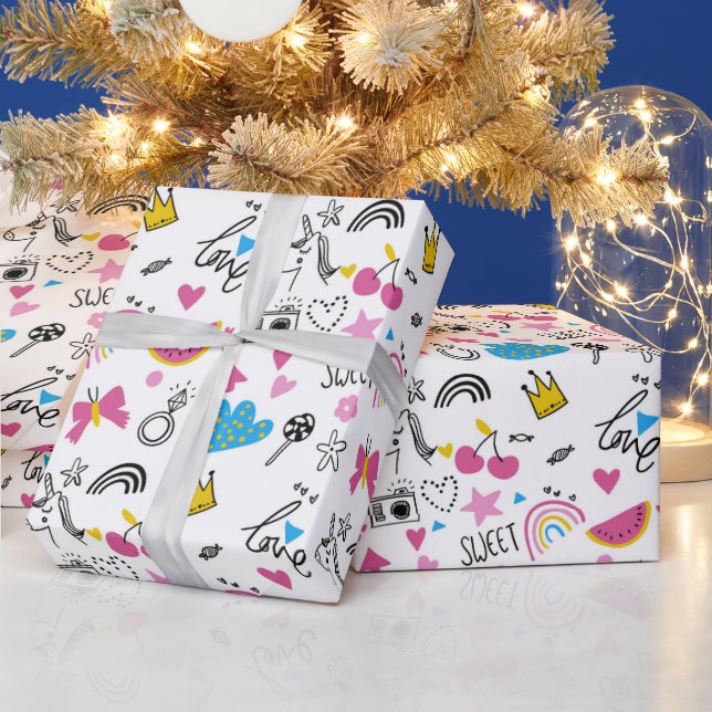 Papel De Presente Bonita Rapariga do Unicórnio Arco-Íris Branca (Feriados)