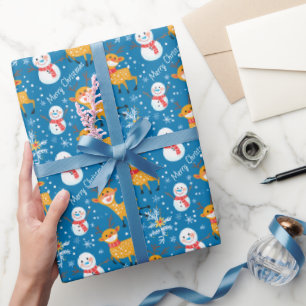 Papel De Presente Bonita Reindeer e Azul Neve