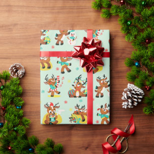 Papel De Presente Bonita Reindeja de Natal sobre fundo verde claro