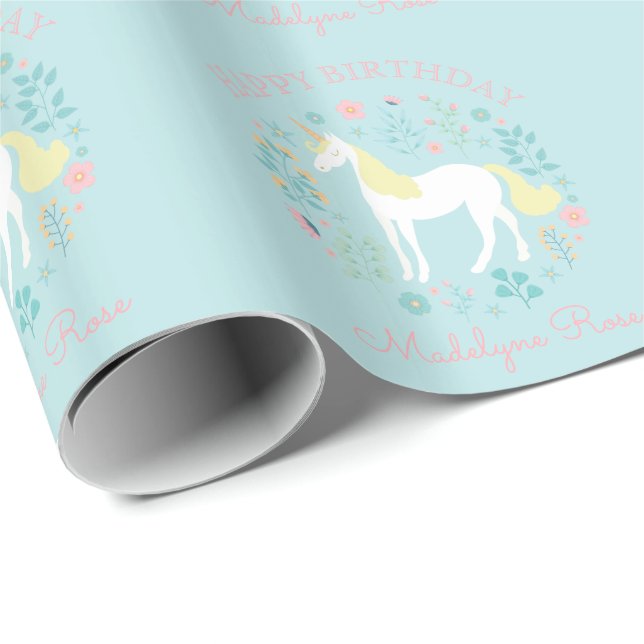 Papel De Presente Bonito Aniversário Personalizado do Unicorn Floral (Ponta do rolo)