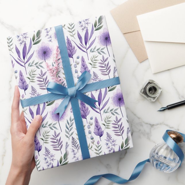 Papel De Presente Bonito Aquarela Lavanda Floral Puro Botânica (Presentear)