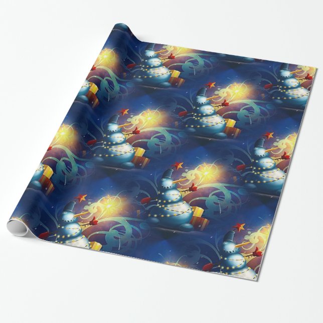 Papel De Presente Bonito boneco de neve com presentes e fogo de arti (Desenrolado)