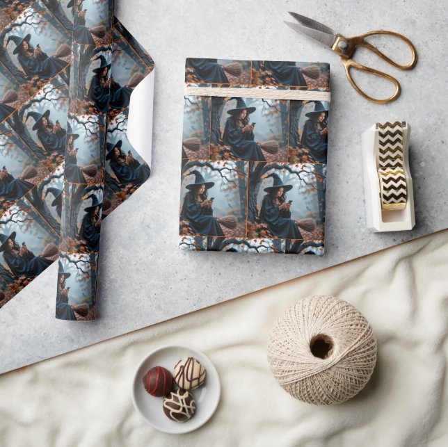 Papel De Presente Bonito bruxa do Halloween Enviando SMS em um telef (Artesanato)