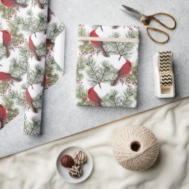Papel De Presente Bonito Cardeais Vermelhos Berry Pine Branch Natal