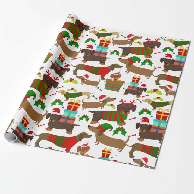 Papel De Presente Bonito Dachshund de Natal (Desenrolado)