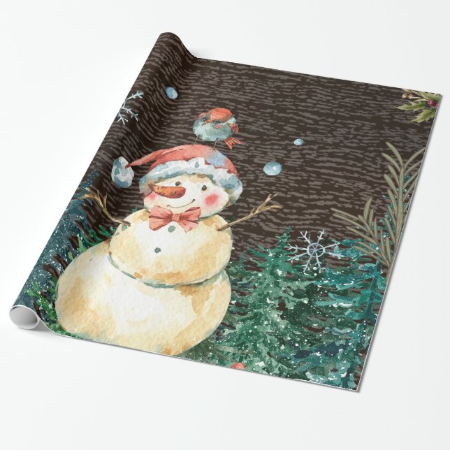 Papel De Presente Bonito Homem de Neve e Animais da Floresta Natal (Desenrolado)