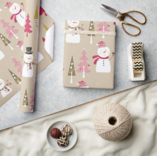 Papel De Presente Bonito inverno Homem-Neve Rosa Árvores de Natal R