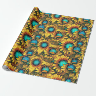 Papel De Presente Bonito Padrão de Abstrato de Teal Amarelo Sunflowe