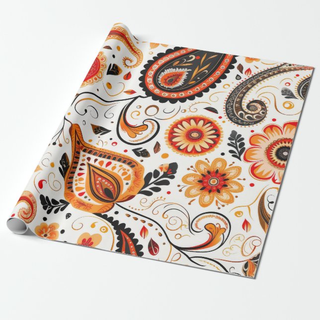 Papel De Presente Bonito Padrão Floral de Paisley de Mistura Verde L (Desenrolado)