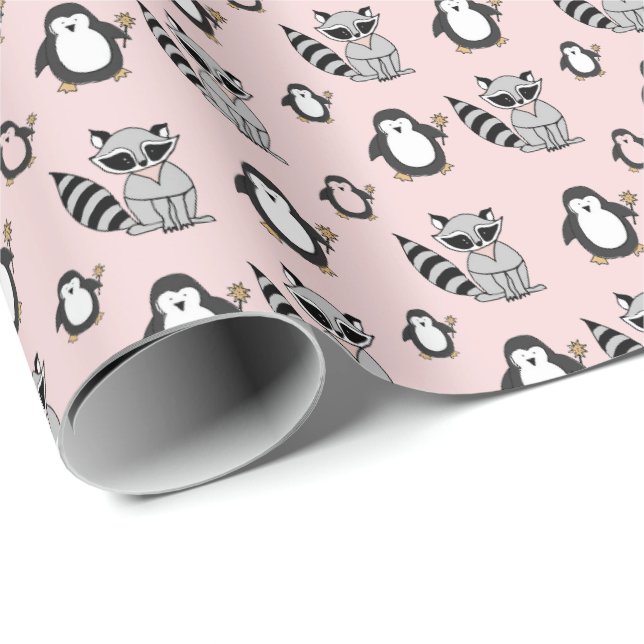 Papel De Presente Bonito Penguin Racoon Buddies Baby Gift Pink (Ponta do rolo)
