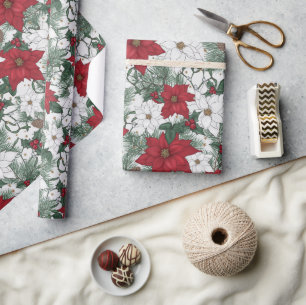 Papel De Presente Bonito Poinsettia Branca Floral Presente de Natal
