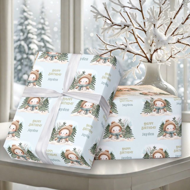 Papel De Presente Bonito primeiro aniversario de inverno Homem de Ne (Cute Snowman Winter 1st Birthday Boy Name Blue Wrapping Paper)