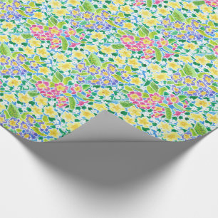 Papel De Presente Bonito Rosa, Azul, Primroses Amarelas Floral
