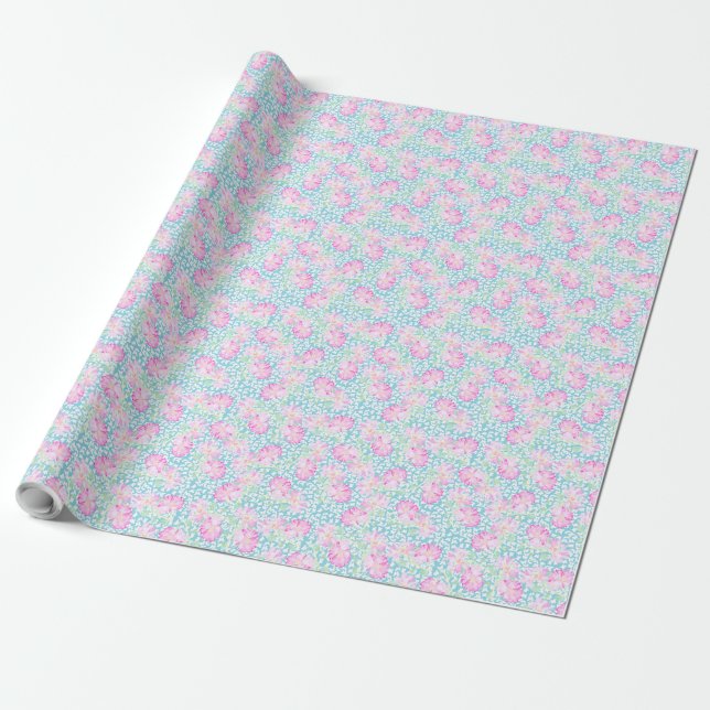 Papel De Presente Bonito Rosas Rosa Giftwrap, Borboletas Brancas Azu (Desenrolado)