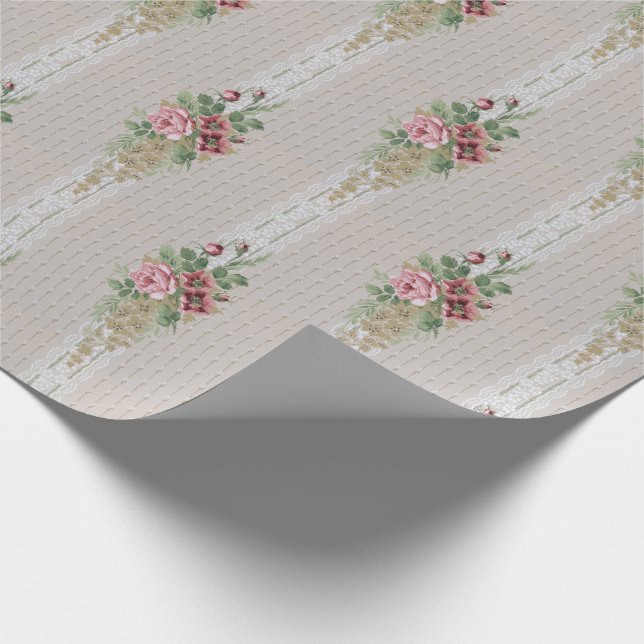 Papel De Presente Bonito rosas rosa vitorianas e rendas brancas (Ponta)