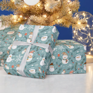Papel De Presente Bonito Snowmen Snowflakes Natal Verde