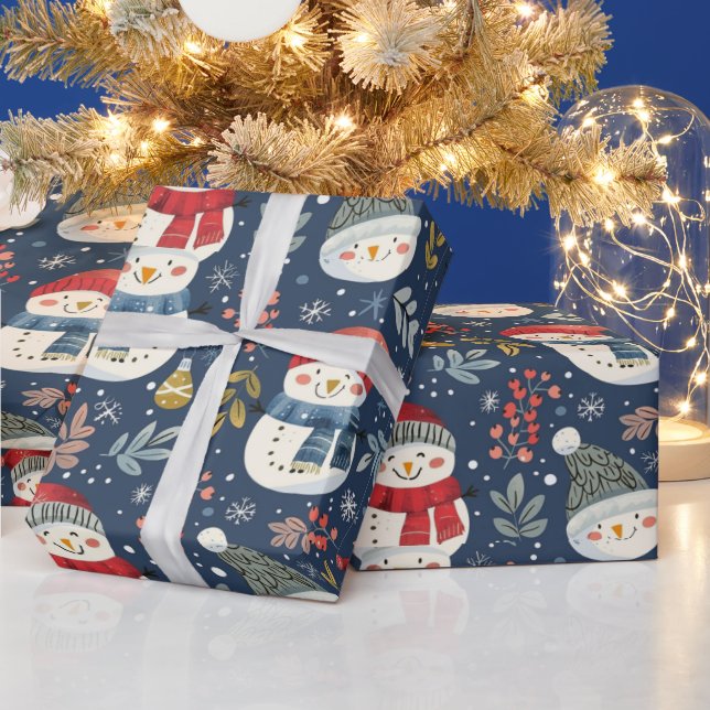 Papel De Presente Bonito Snowmen Verde Flocos de Neve Azul Natal (Feriados)